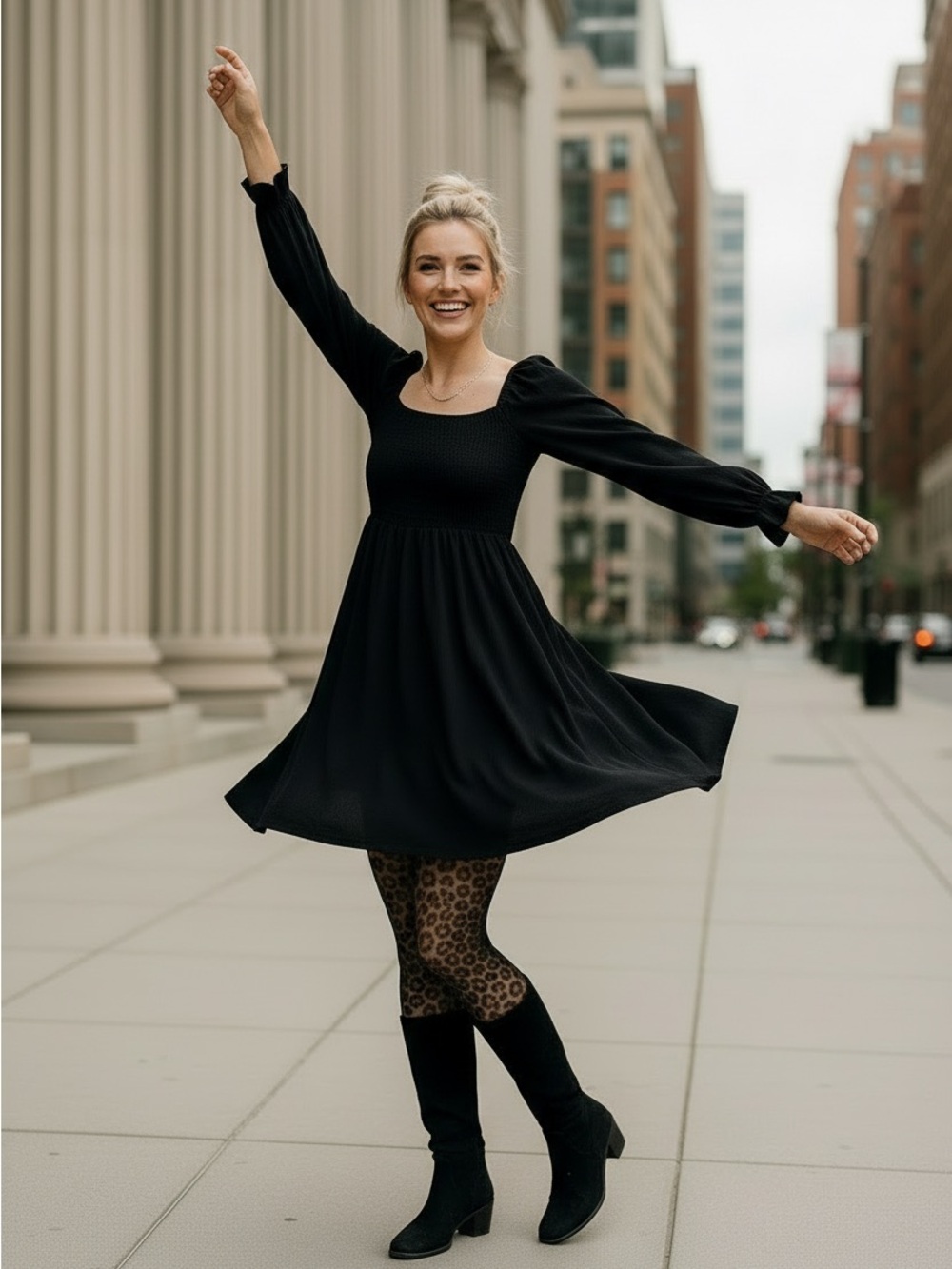 NWT Blue Sky Black Square-Neck Mini Dress with Puff Sleeves